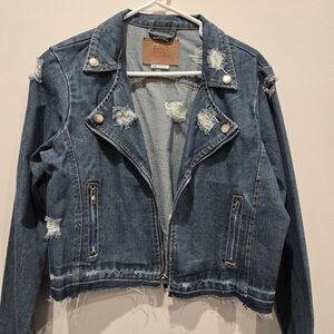 Distressed Denim Moto Jacket - Blue